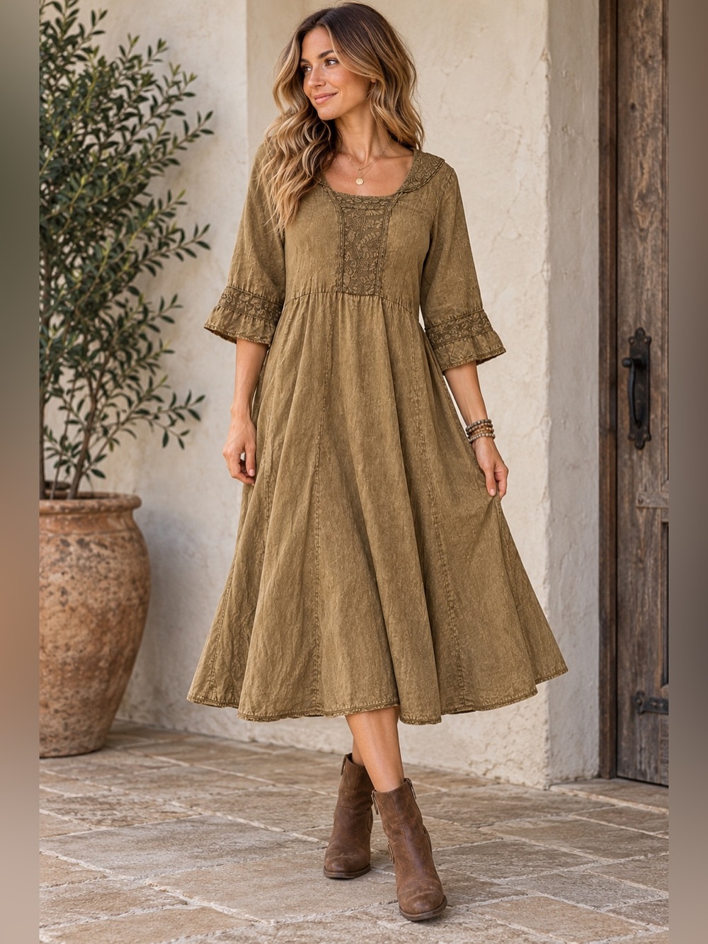 April Cornell Dress L Khaki Brown Cotton Flax Lace Boho Prairie Midi Tie Back